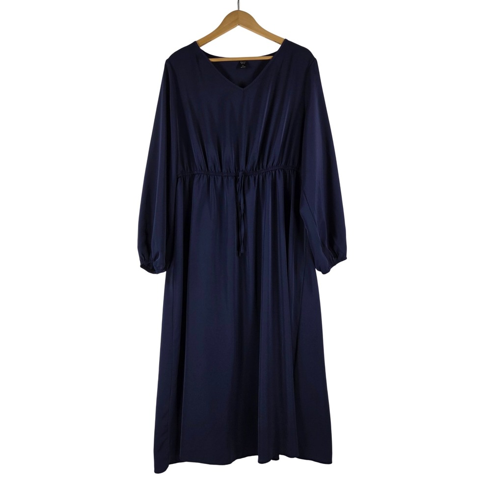 Emery Rose Navy Blue V-Neck Long Sleeve Elastic Waist Midi Dress 2XL